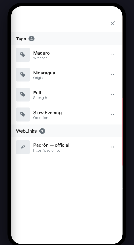 Phone-frame mockup of the app CEWL lightbox showing a Tags section with four tags above a WebLinks row