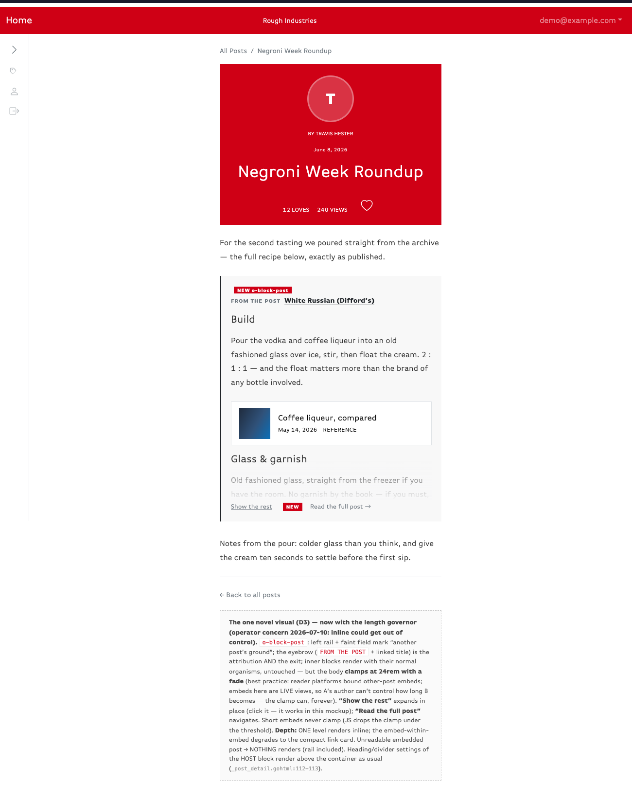 Mockup of a post with an inline embedded post: a bordered container titled From the post White Russian, with a length clamp and a Read the full post link