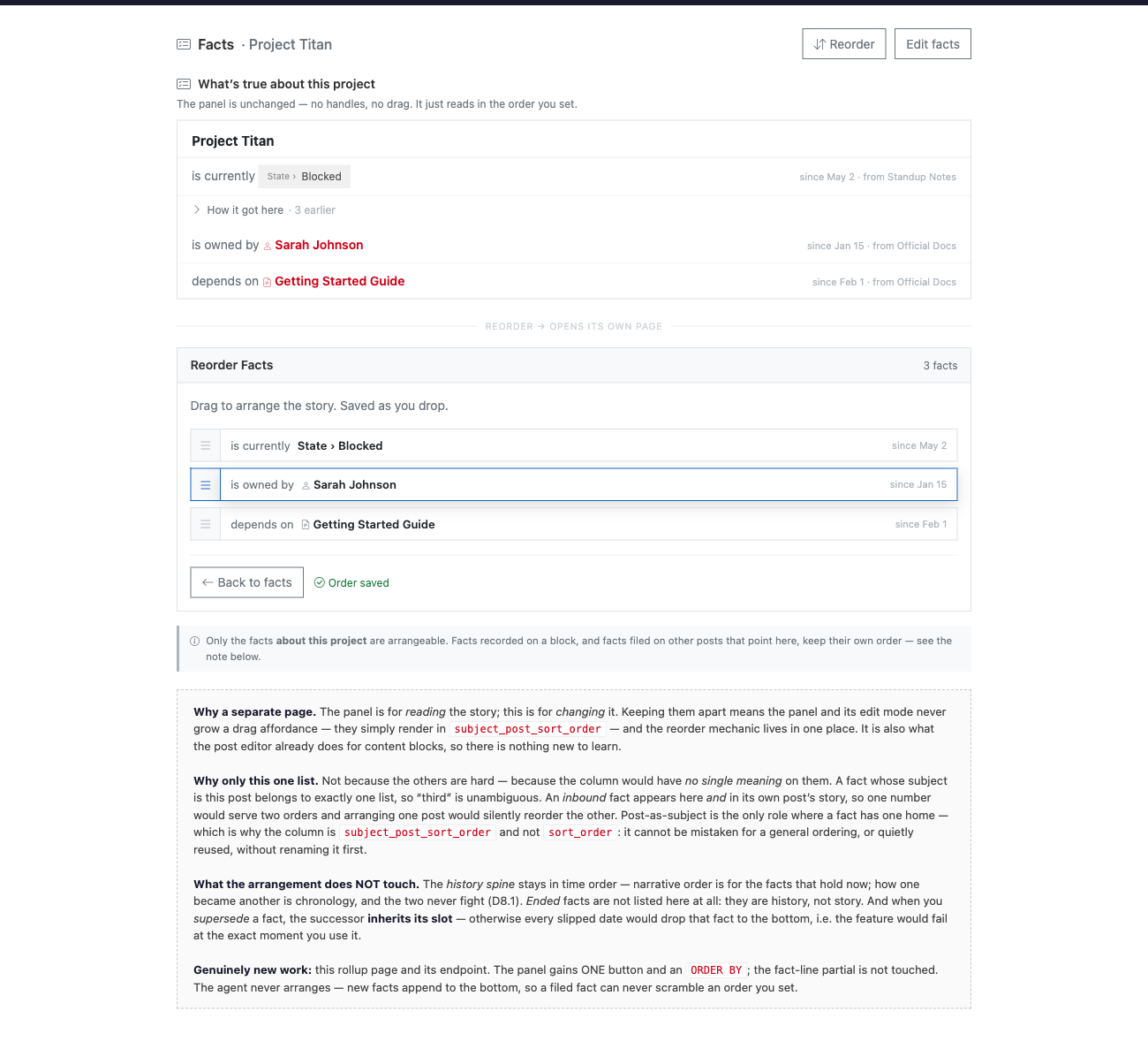 Mockup of the narrative-order reorder page: a drag list of a project's facts with a Back-to-facts and Order-saved control