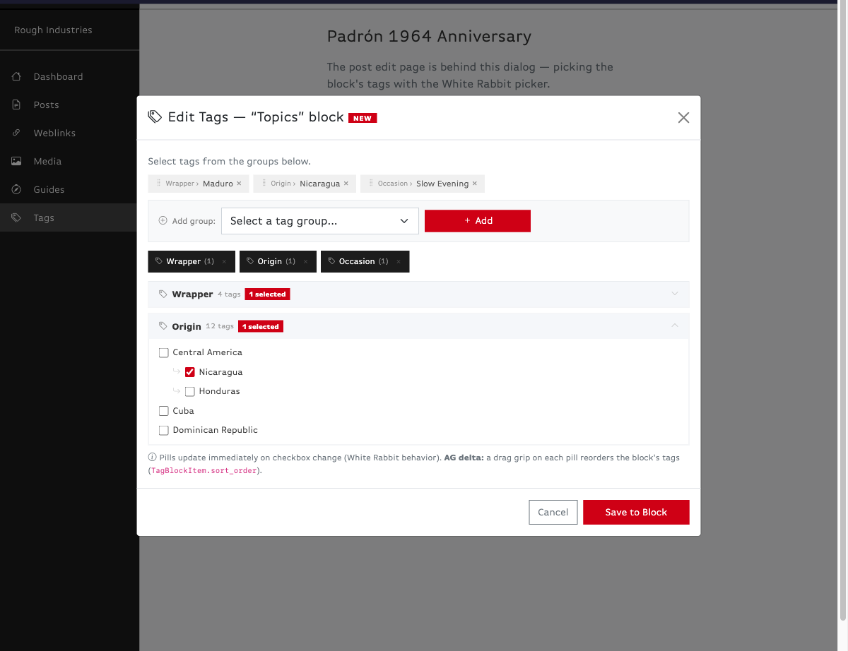 Studio mockup: the Edit Tags block modal with the Origin group panel open and Nicaragua checked