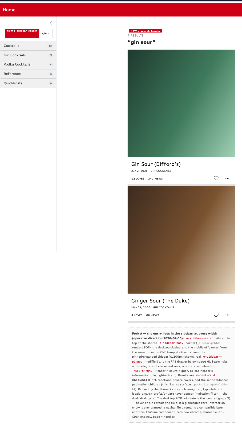 Mockup of the kontent /search results page: a sidebar search field and ranked result cards for the query gin sour