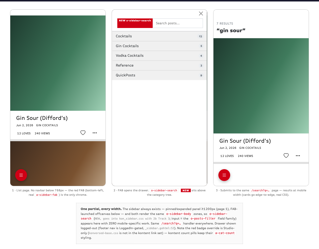 Three mobile phone states: a post list with a floating action button, the drawer open showing a search field, and mobile search results